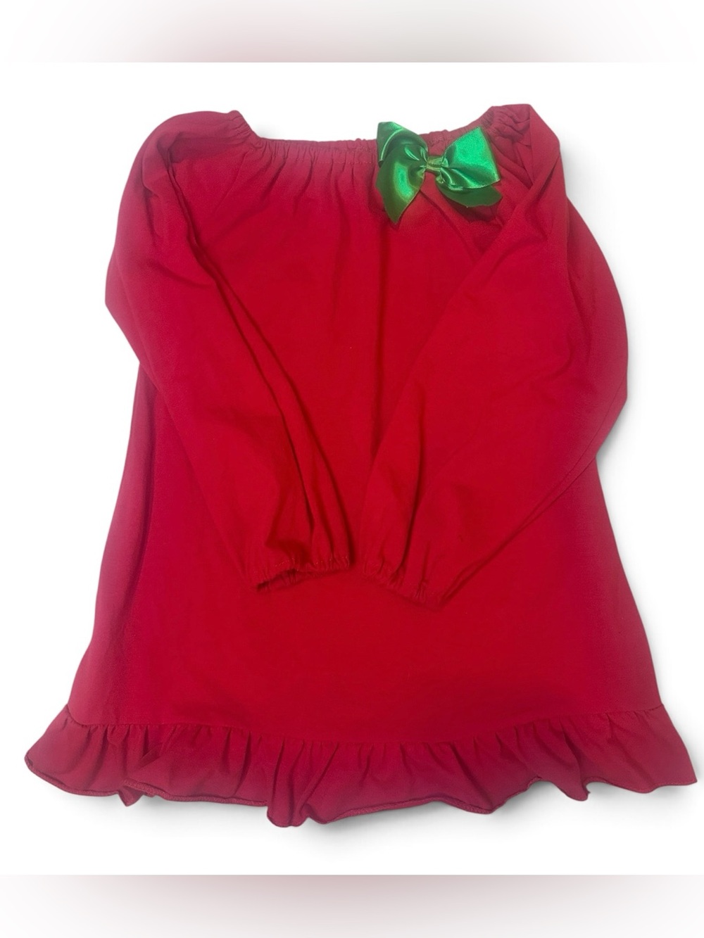 Girls Red Long-Sleeve Dress with Green Bow